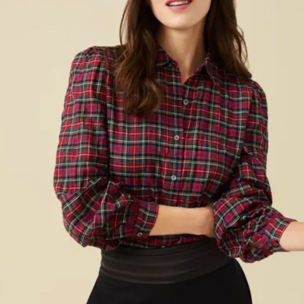 J. McLaughlin red, green and blue plaid button down shirt